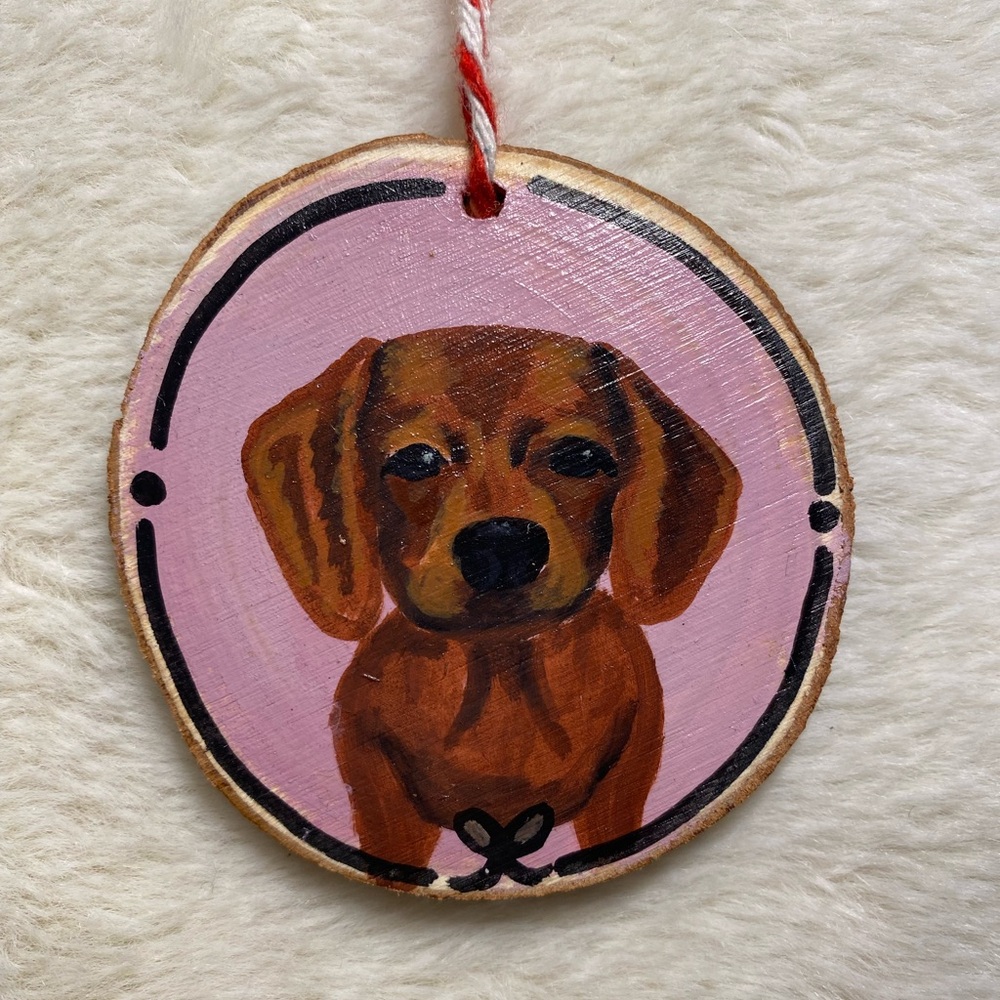 Hand Painted Dachshund Dog Wood Slice Ornament 2.5in Pink with Bows & Plaid